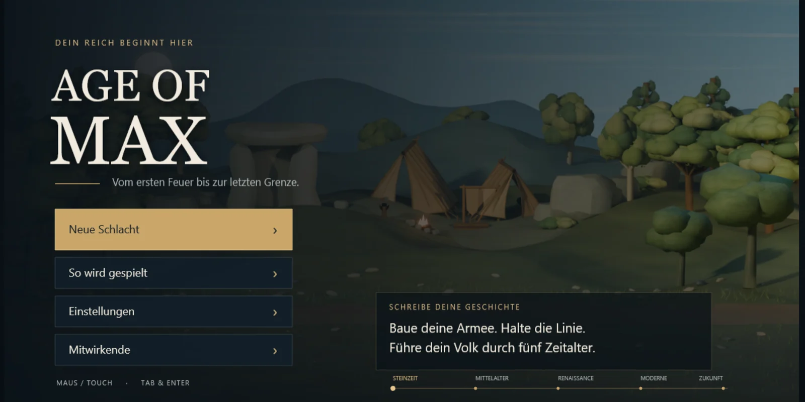 Age of Max: Titelbildschirm mit Menü und der Zeitleiste der fünf Epochen
