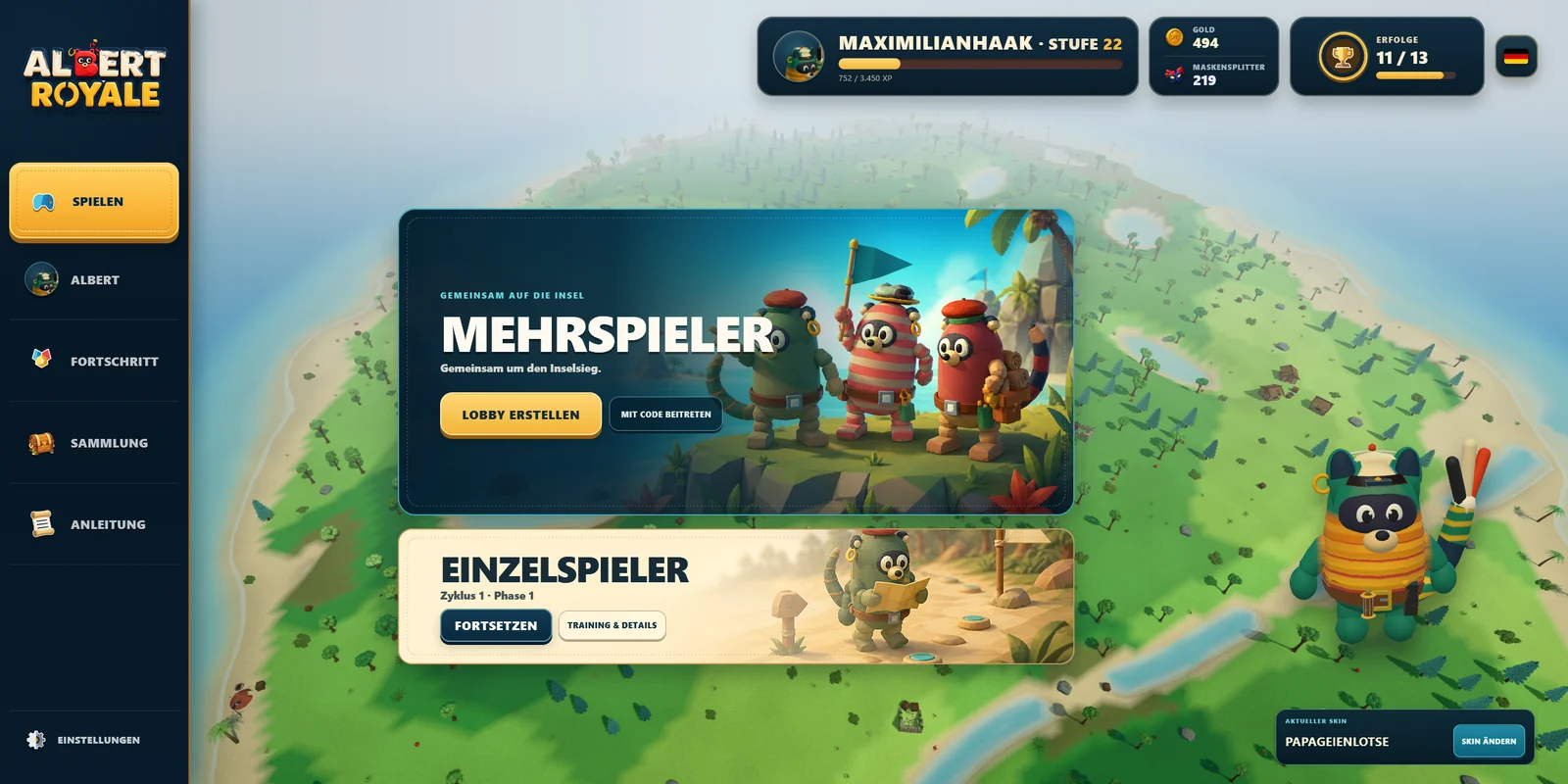 Albert Royale: Menü mit Mehrspieler- und Einzelspieler-Auswahl auf der Inselkarte