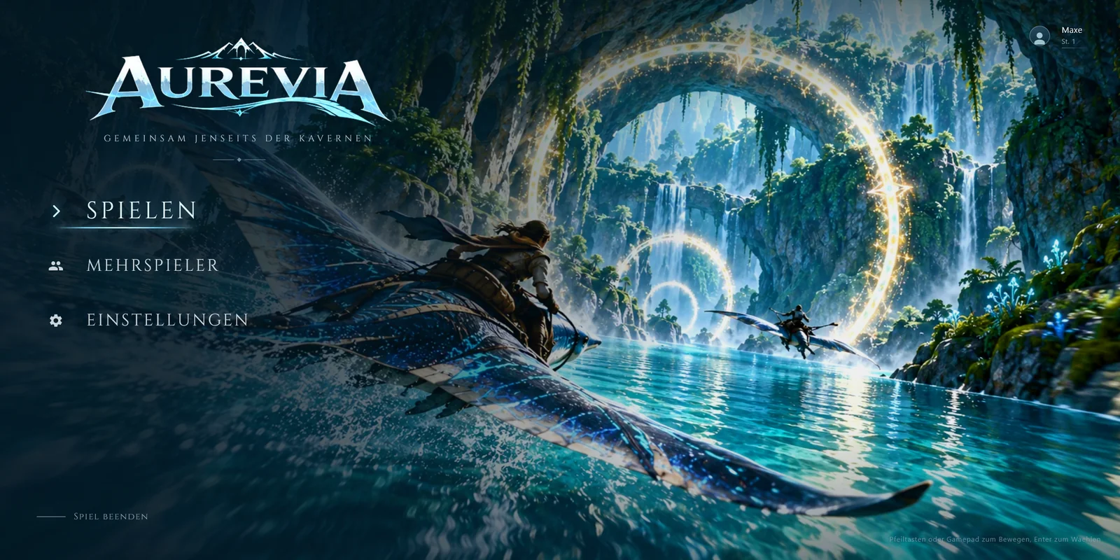 Aurevia: Hauptmenü-Konzept mit Spielstand, Mehrspieler- und Einstellungen-Auswahl vor einer Höhlenlandschaft mit Wasserfällen und leuchtenden Portalringen