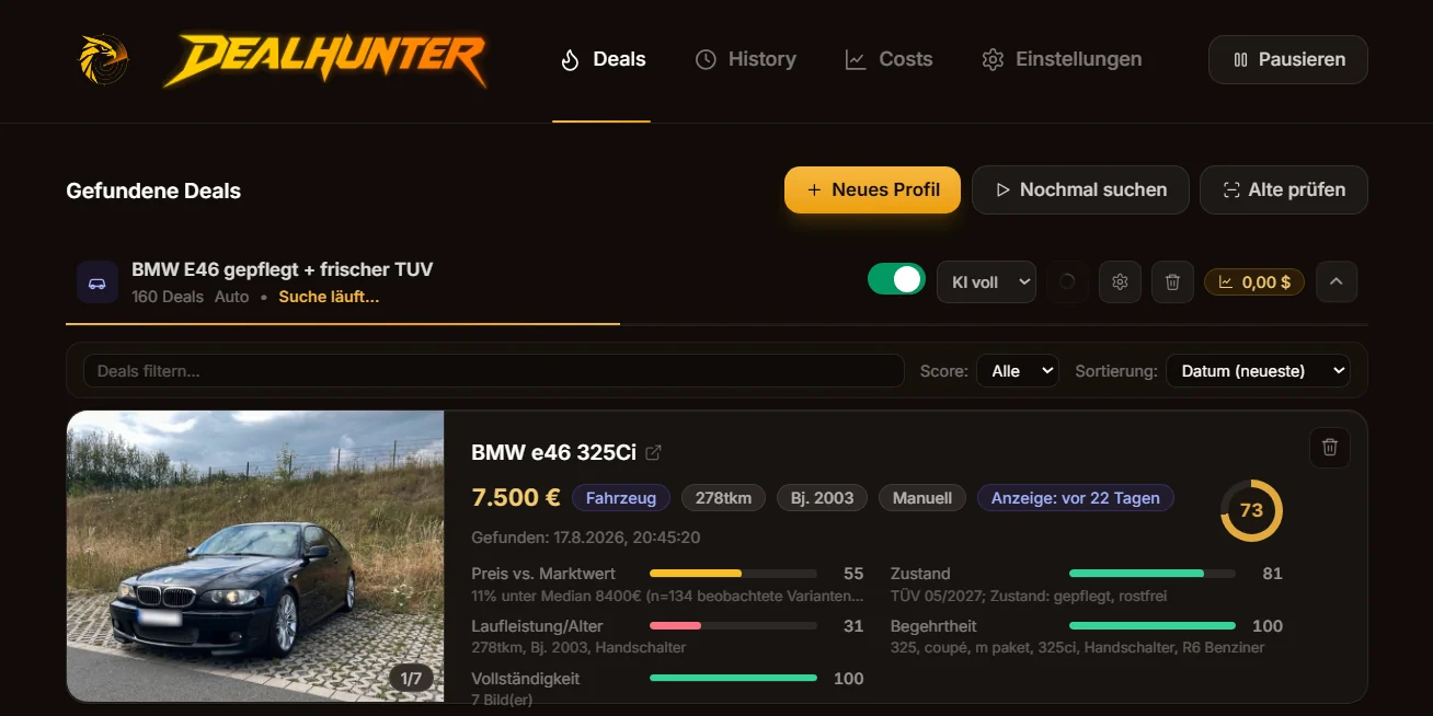 DealHunter: Liste gefundener Angebote mit Score, Preisbewertung und Zustandsbalken