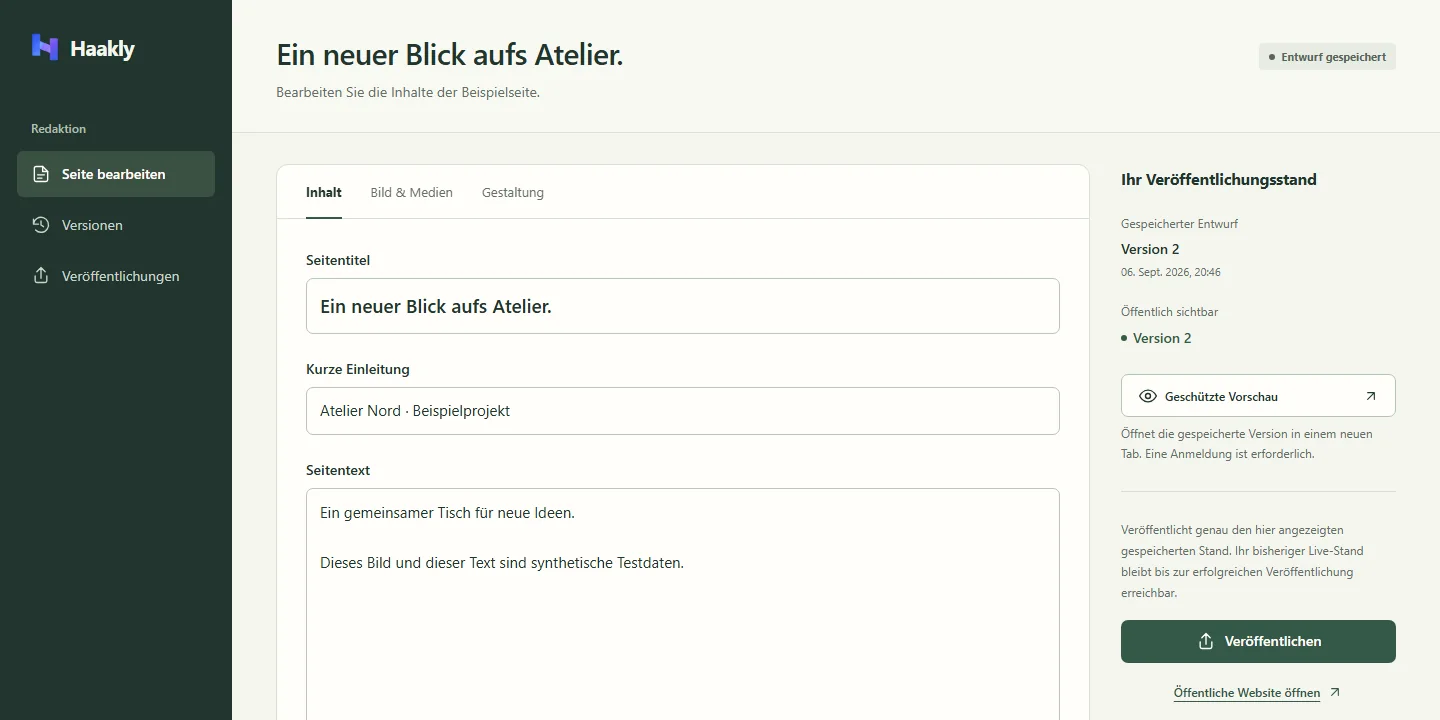 Haakly: Redaktionsansicht mit Entwurf, Versionsliste und Veröffentlichungsstand