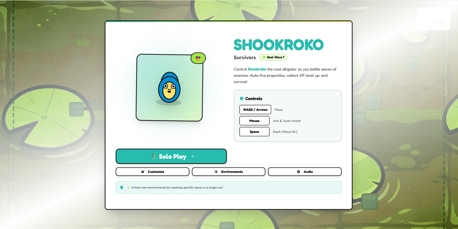 Shookroko: Startbildschirm mit Spielfigur, Steuerung und Solo-Play-Knopf