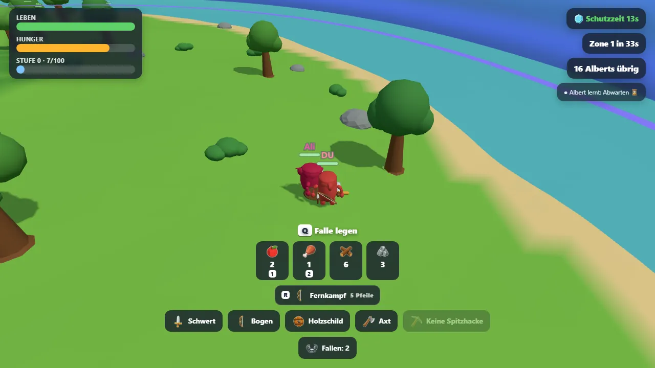 Phase 1: Spieler-HUD mit Leben, Hunger, Inventar und Waffenauswahl